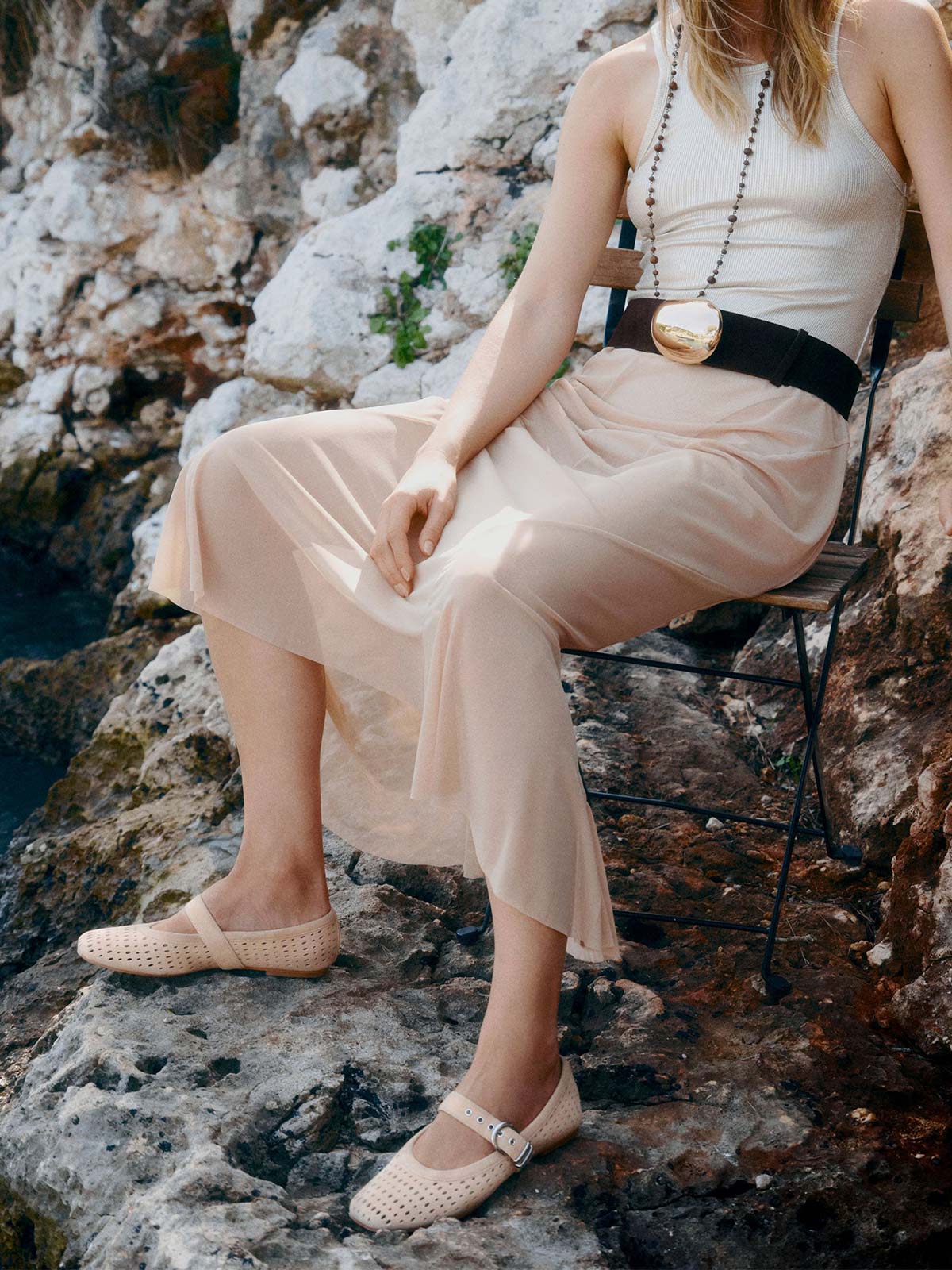 Camel Faux Suede Square-Toe Buckle Mary Jane Strap Ballet Flats