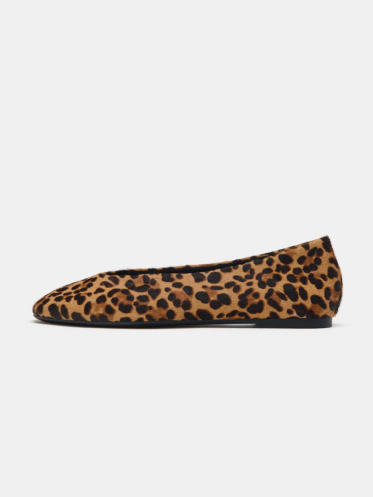 Leopard Pattern Pony Hair Vegan Leather Square-Toe Slip-On Ballet Flats