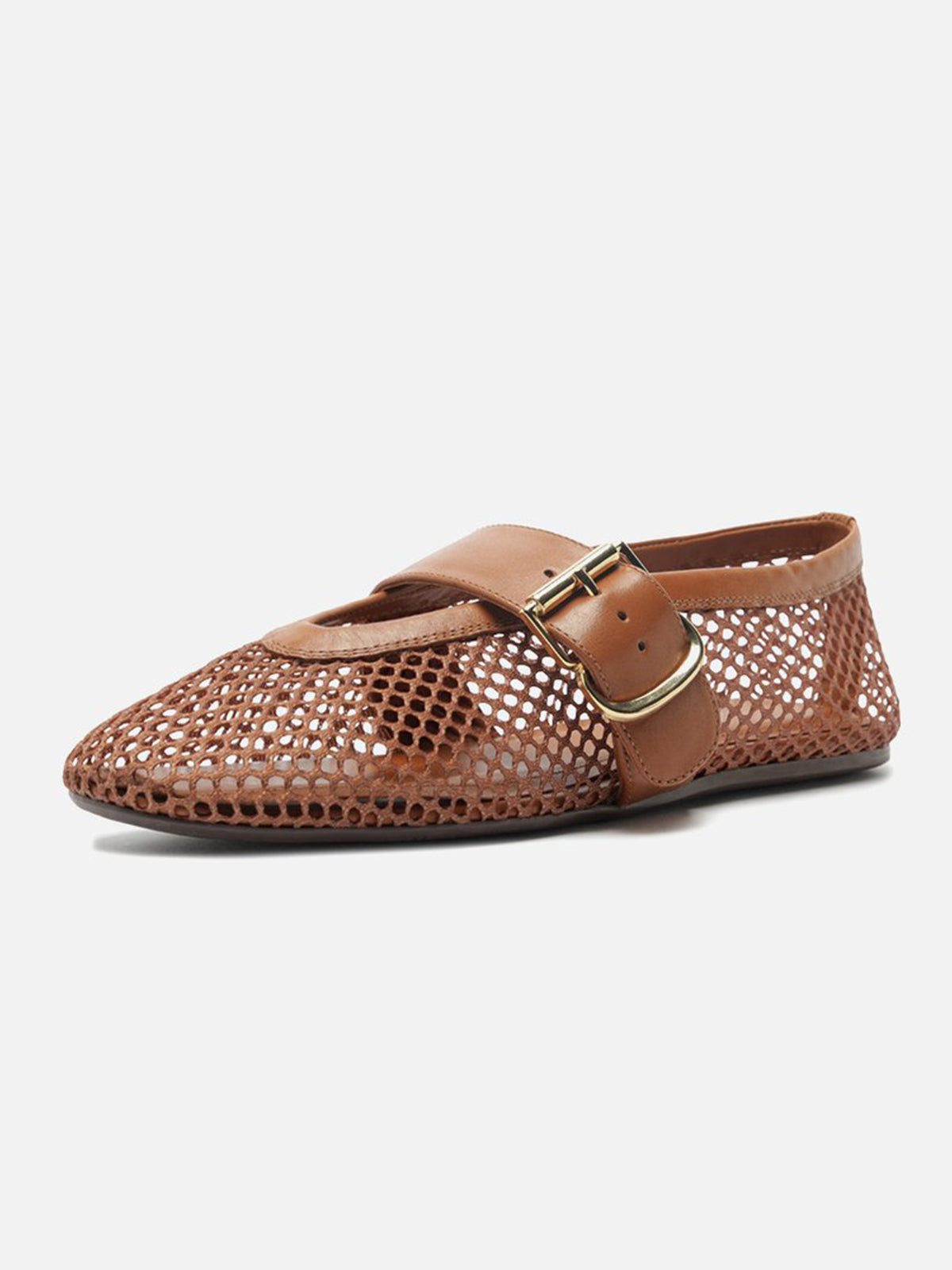 Brown Mesh Round-Toe Buckle Wide Strap Slip-On Ballet Flats