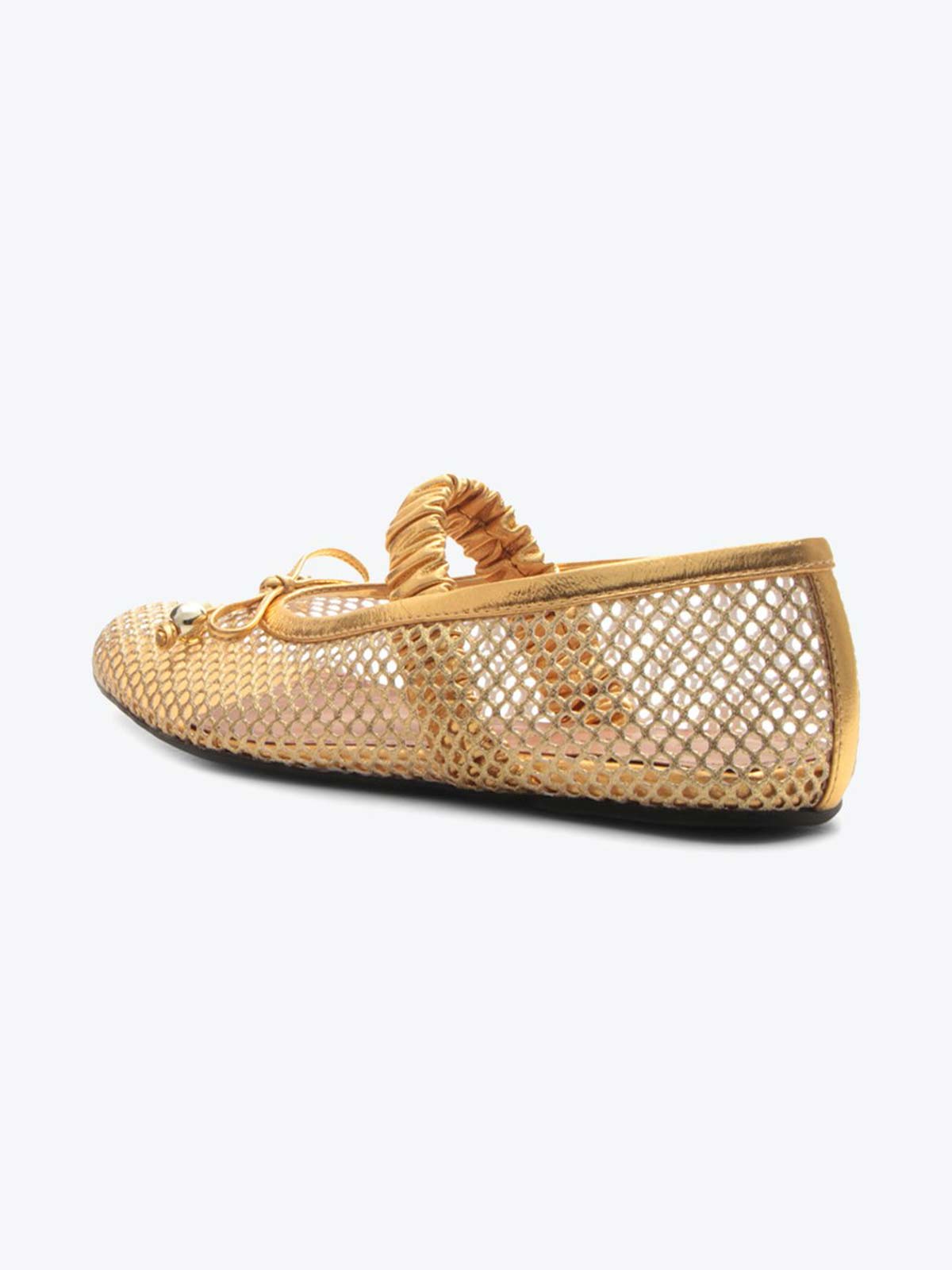 Metallic Gold Mesh Round-Toe Front Bow And Elastic Mary Jane Ballet Flats