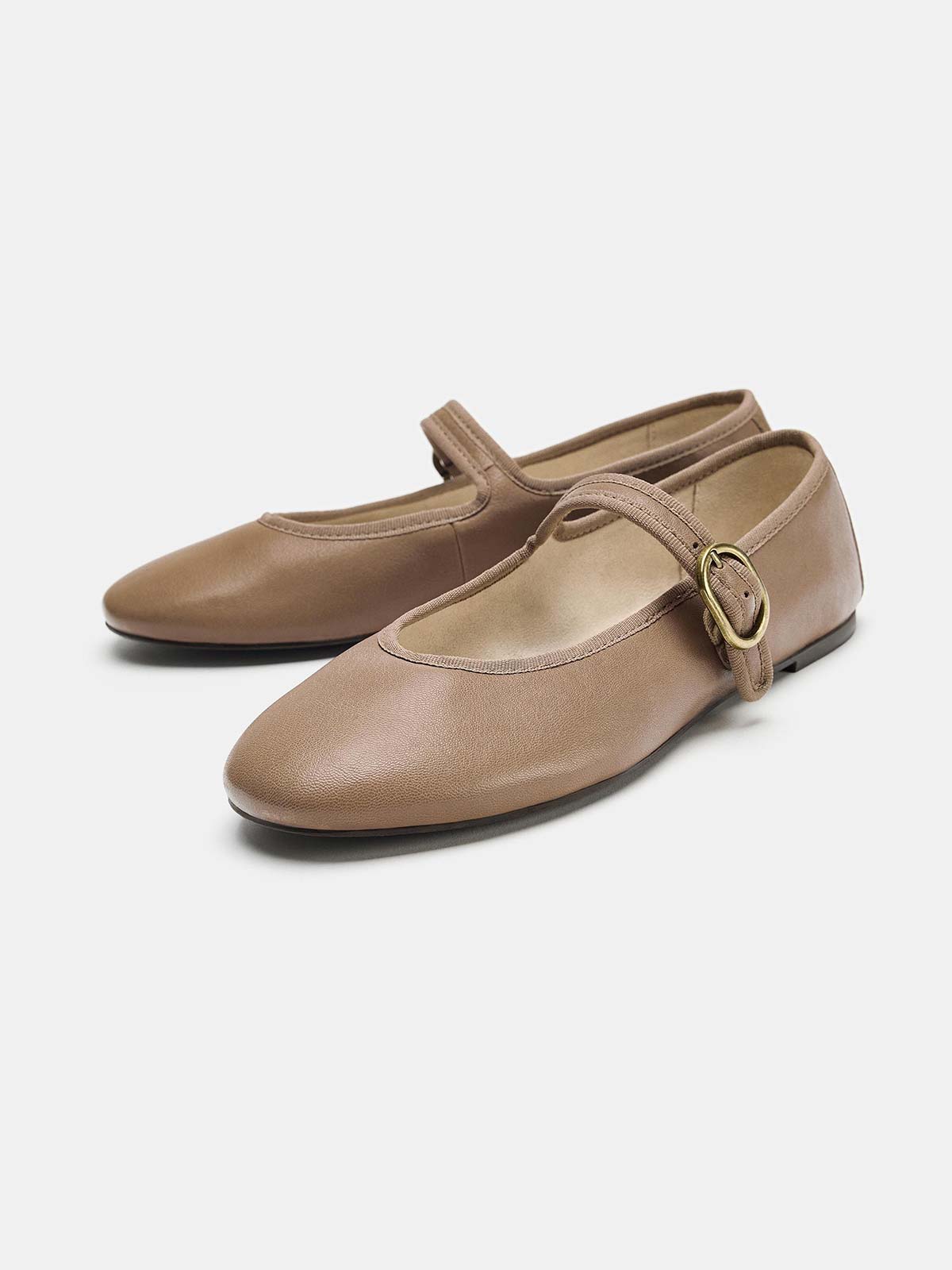 Taupe Round-Toe Buckle Middle Strap Slip-On Ballet Chic Flats