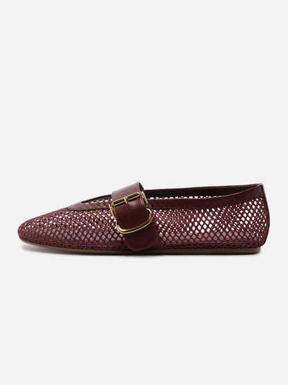 Dark Brown Mesh Round-Toe Buckle Wide Strap Slip-On Ballet Flats