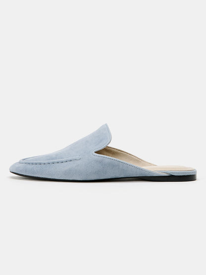Blue Faux Suede Round-Toe Backless Mules Loafers Flats
