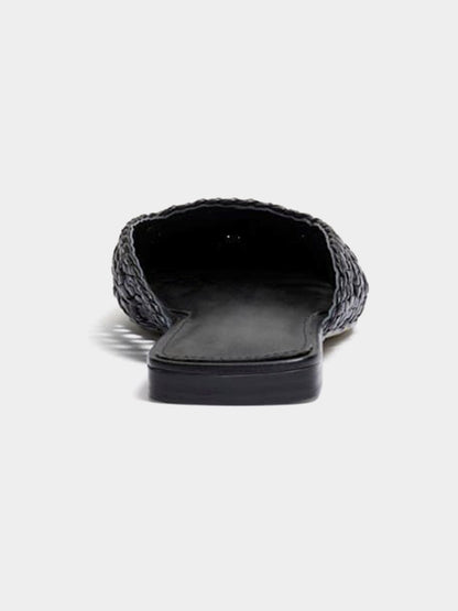 Woven Vegan Leather Square-Toe Cutout Backless Flats - Black