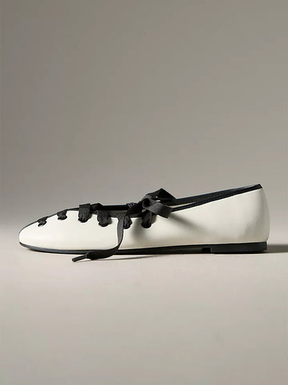 White Round-Toe Simple Lace-Up Slip-On Ballet Flats