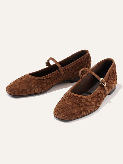 Brown Woven Faux Suede Square-Toe Mary Jane Chic Ballet Flats