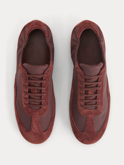 Burgundy Faux Suede And Cloth Round-Toe Lace-Up Ballet Sneakers
