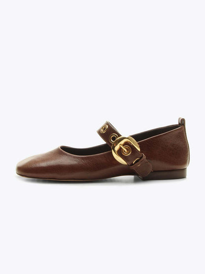 Maroon Square-Toe Buckle Wide Mary Jane Strap Ballet Flats