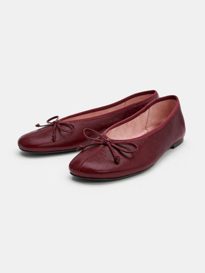 Burgundy Square-Toe Chic Front Bow Slip-On Classic Ballet Flats