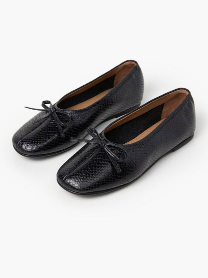 Black Snakeskin Pattern Classic Square-Toe Front Bow Simple Ballet Flats