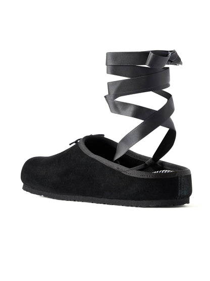 Black Faux Suede Square-Toe Front Bow Backless And Ankle Strap Flats