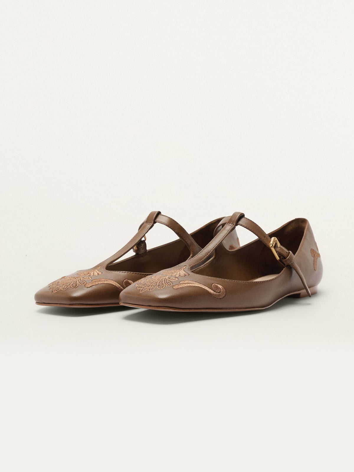 Caramel Square-Toe Middle Strap Chic Embroidery Ballet Flats