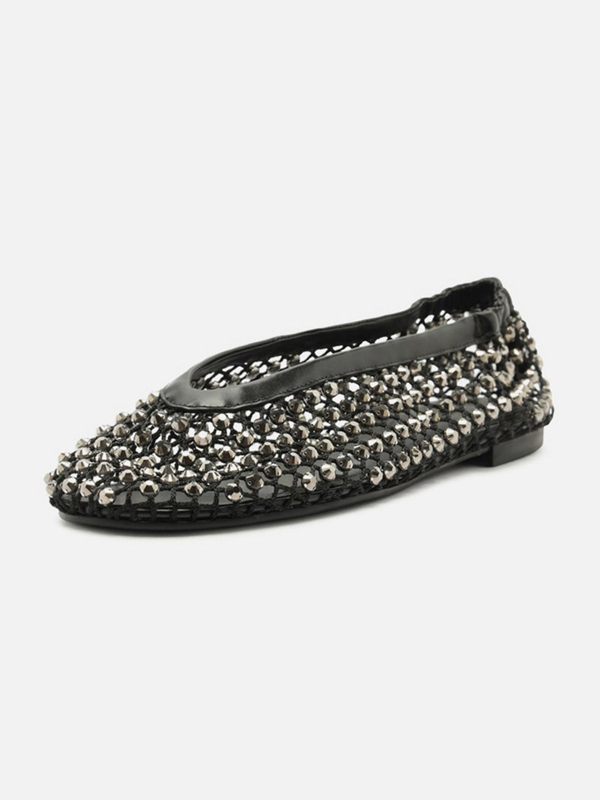 Black Rhinestone Mesh Round-Toe Slip-On Ballet Flats