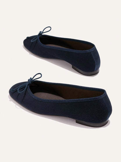 Front Bow Square-Toe Slip-On Chic Ballet Flats - Indigo Faux Suede