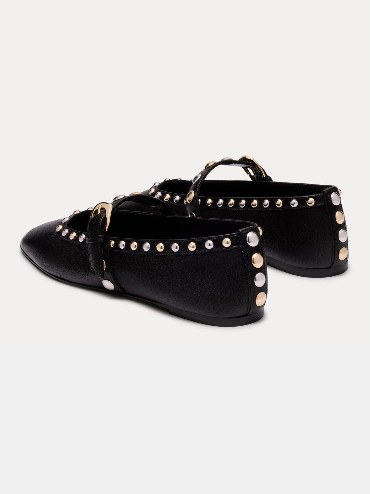 Black Square-Toe Buckle Middle Strap And Studs Flats