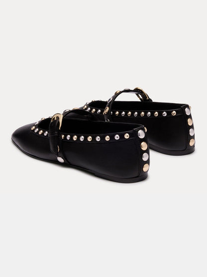 Black Square-Toe Buckle Middle Strap And Studs Flats