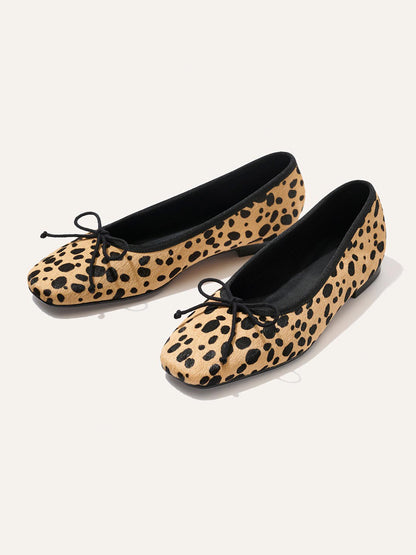Front Bow Square-Toe Slip-On Chic Ballet Flats - Cow Pattern