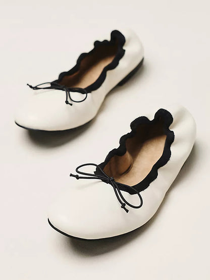 Ivory Round-Toe Slip-On Classic Ballet Flats With Front Bow