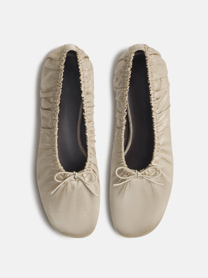 Gray Satin Square-Toe Ruching And Front Bow Ballet Flats