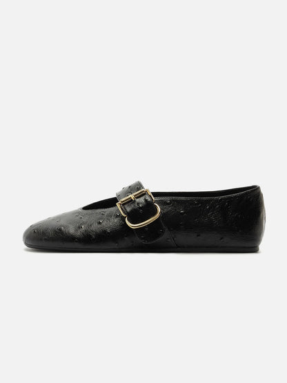Black Ostrich Pattern Vegan Leather Round-Toe Mary Jane Chic Ballet Flats
