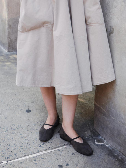 Mary Jane Square-Toe Slip-On Chic Ballet Flats - Dark Coffee Faux Suede