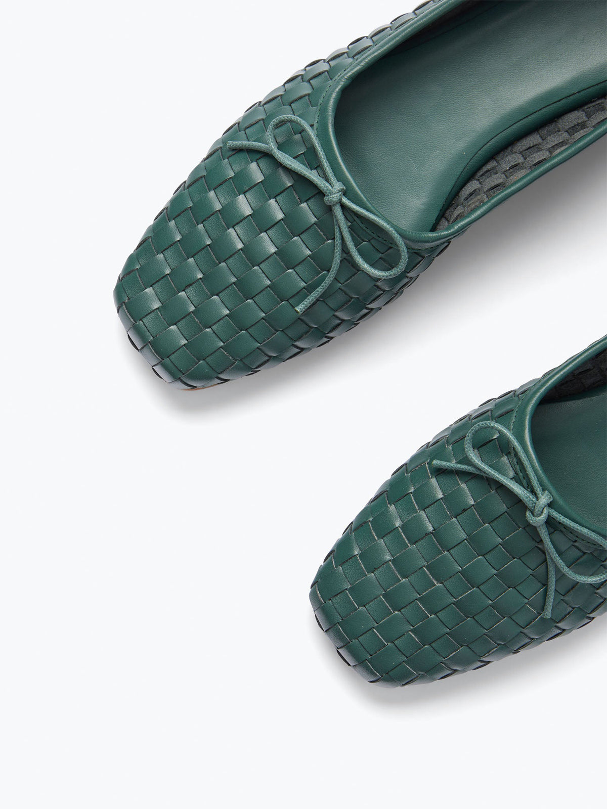 Woven Vegan Leather Square-Toe Front Bow Slip-On Ballet Flats - Green