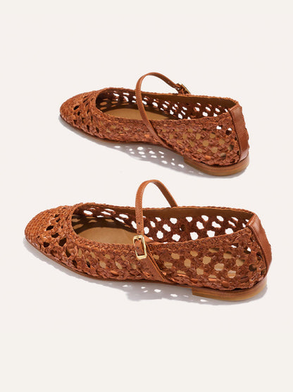 Tan Woven Vegan Leather Square-Toe Mary Jane Chic Ballet Flats