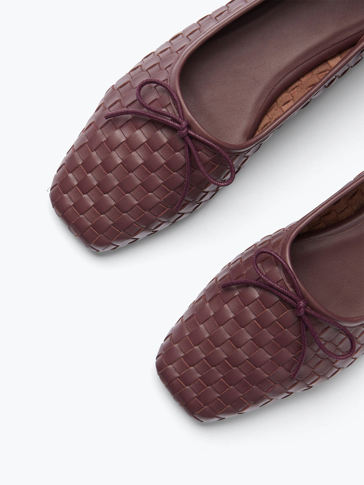 Woven Vegan Leather Square-Toe Front Bow Slip-On Ballet Flats - Cranberry