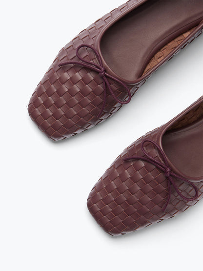 Woven Vegan Leather Square-Toe Front Bow Slip-On Ballet Flats - Cranberry