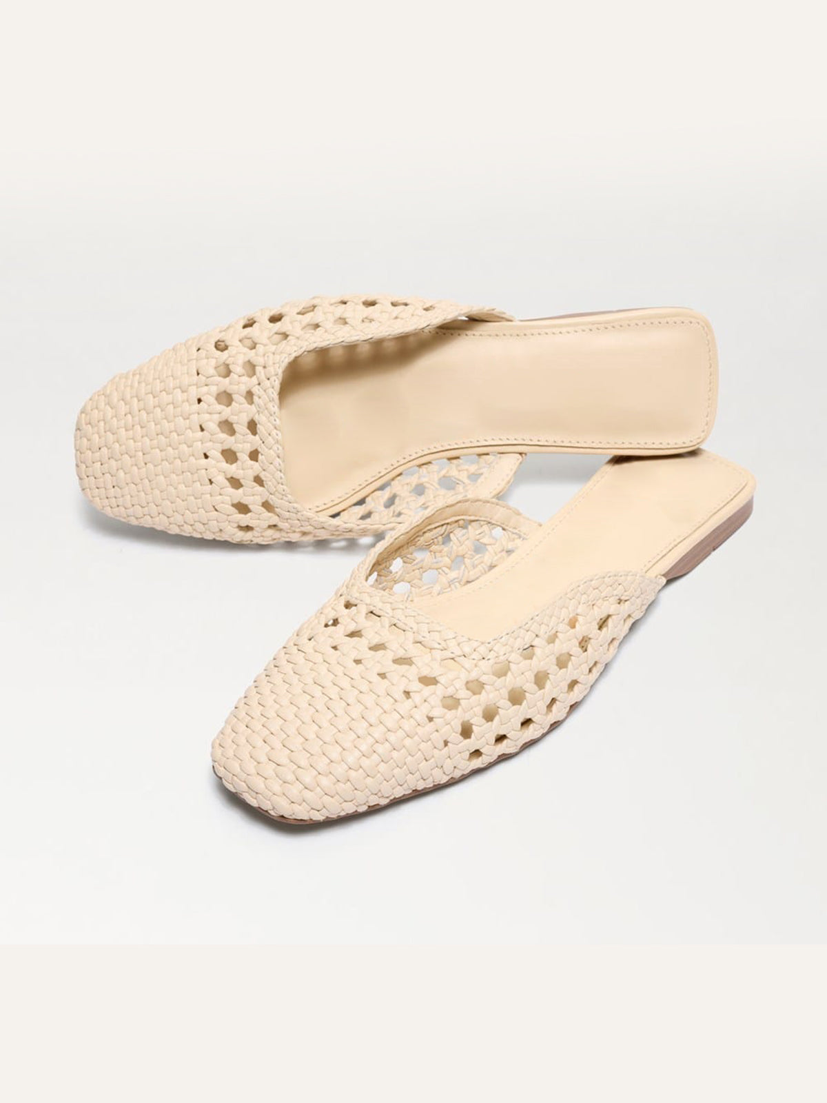 Woven Vegan Leather Square-Toe Cutout Backless Flats - Bone