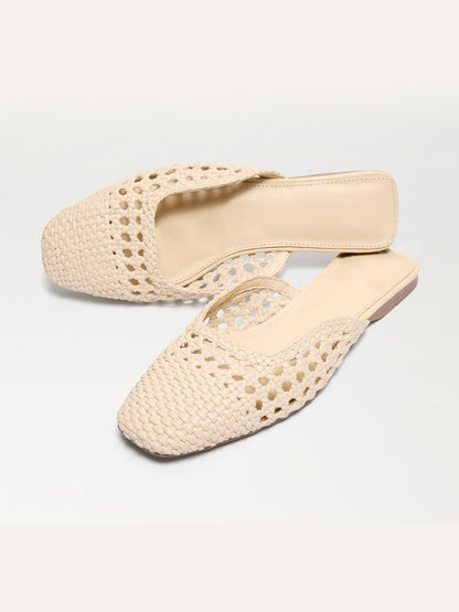 Woven Vegan Leather Square-Toe Cutout Backless Flats - Bone