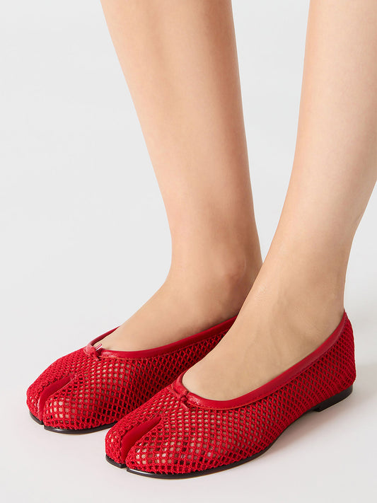 Red Mesh Split-Toe Slip-On Ballet Flats