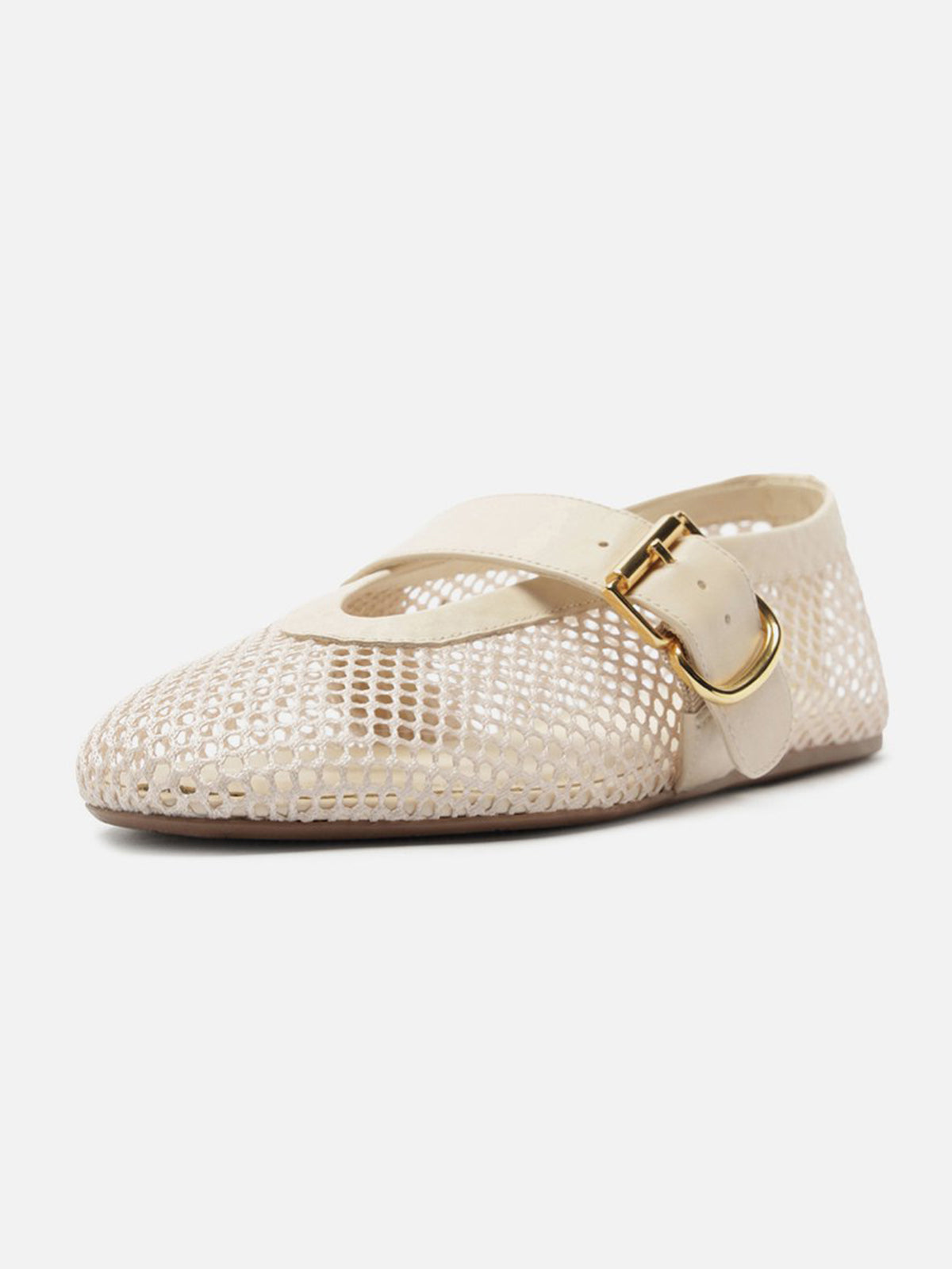 Ivory Mesh Round-Toe Buckle Wide Strap Slip-On Ballet Flats
