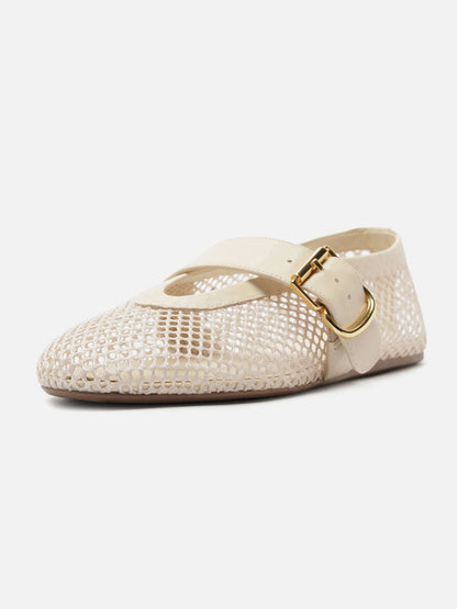 Ivory Mesh Round-Toe Buckle Wide Strap Slip-On Ballet Flats