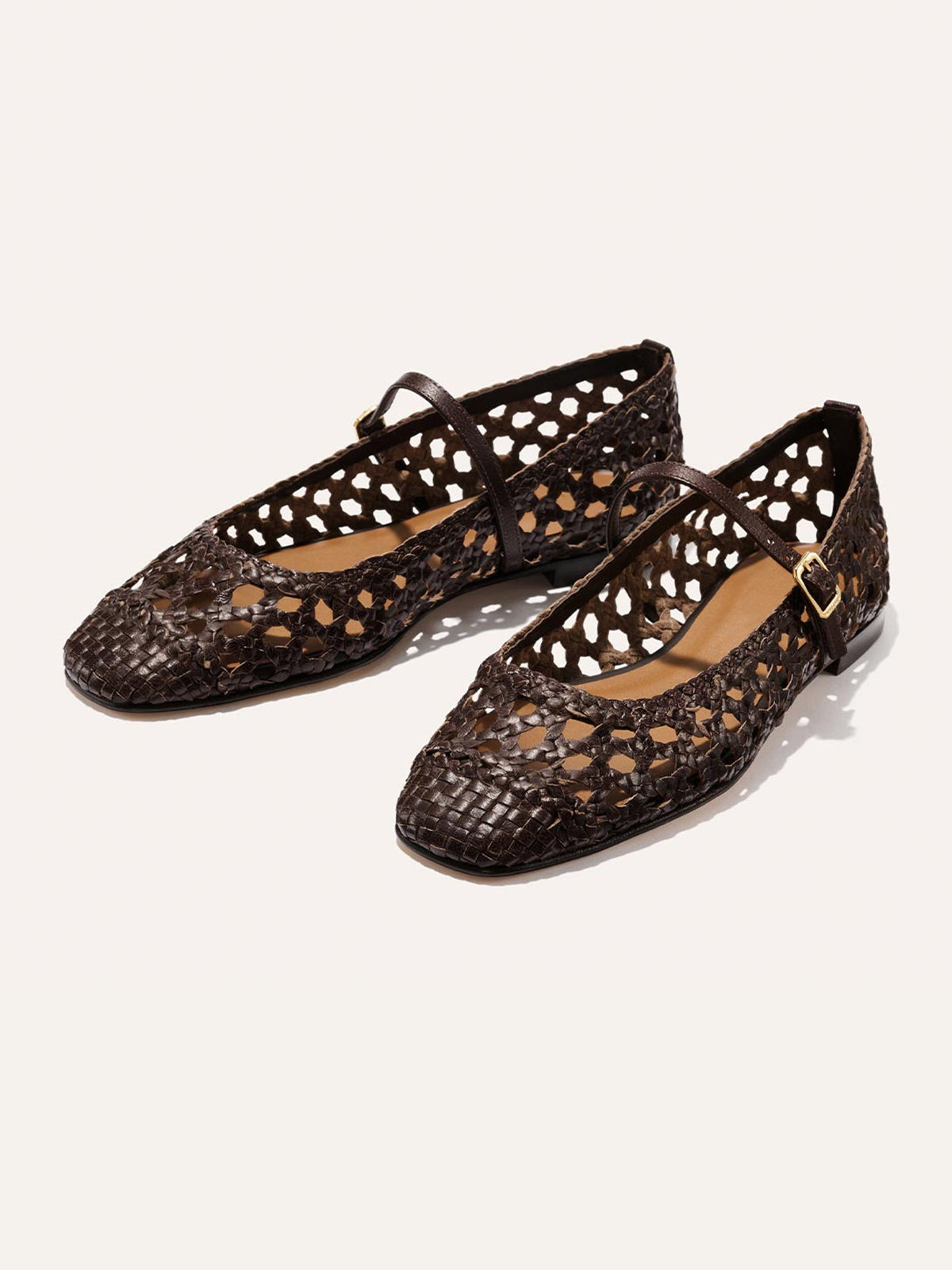 Coffee Woven Vegan Leather Square-Toe Mary Jane Chic Ballet Flats
