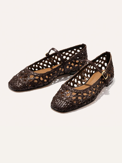 Coffee Woven Vegan Leather Square-Toe Mary Jane Chic Ballet Flats