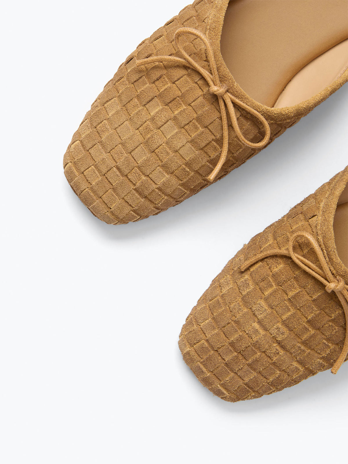 Woven Faux Suede Square-Toe Front Bow Slip-On Backless Flats - Tan