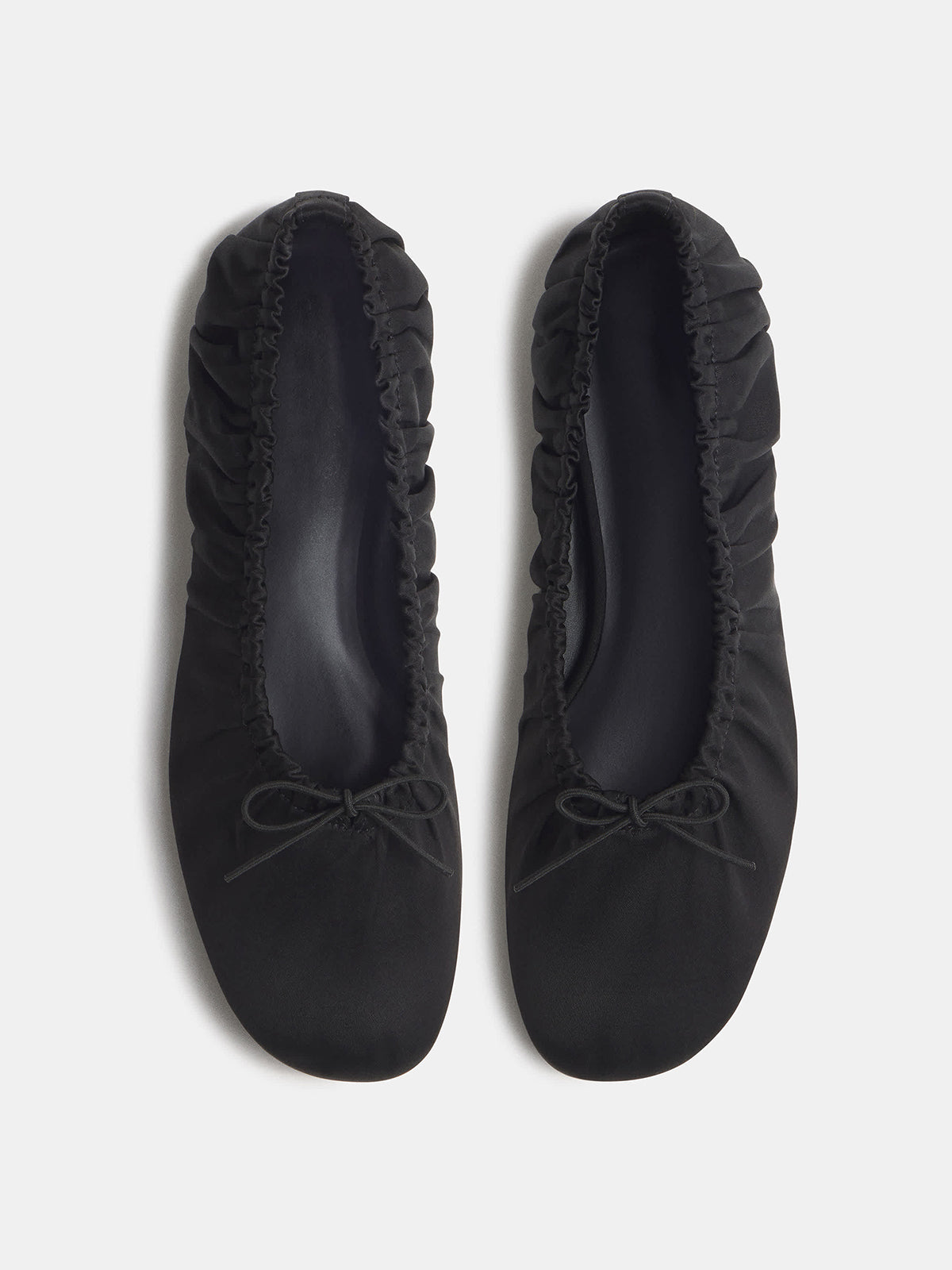 Black Satin Square-Toe Ruching And Front Bow Ballet Flats