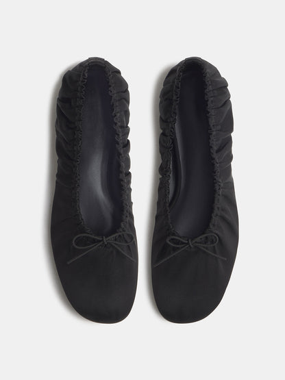 Black Satin Square-Toe Ruching And Front Bow Ballet Flats