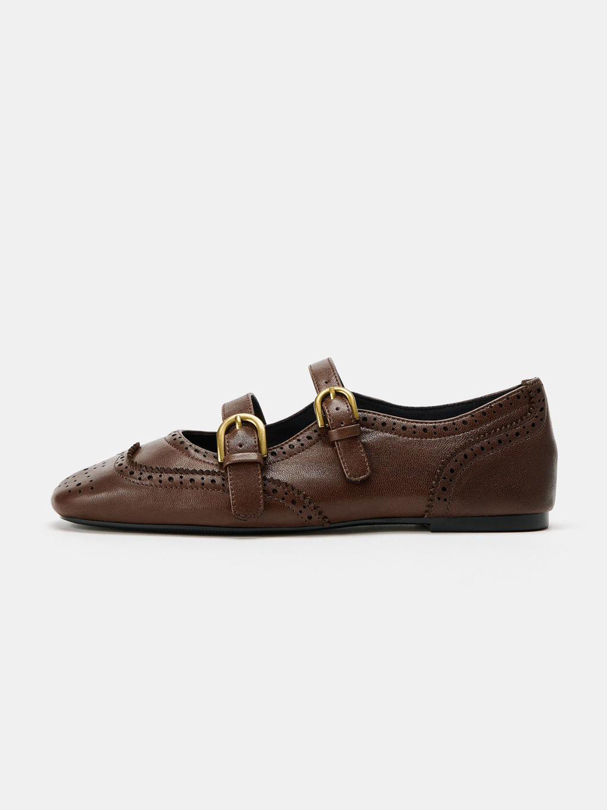 Brown Square-Toe Double Middle Straps With Buckle Chic Ballet Flats