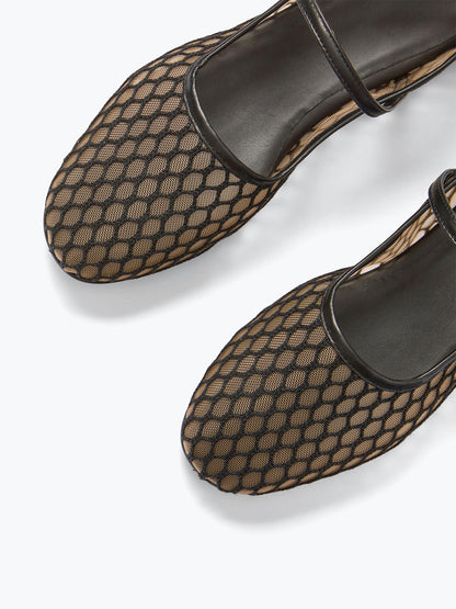 Chic Square-Toe Mary Jane Slip-On Ballet Flats - Black Mesh