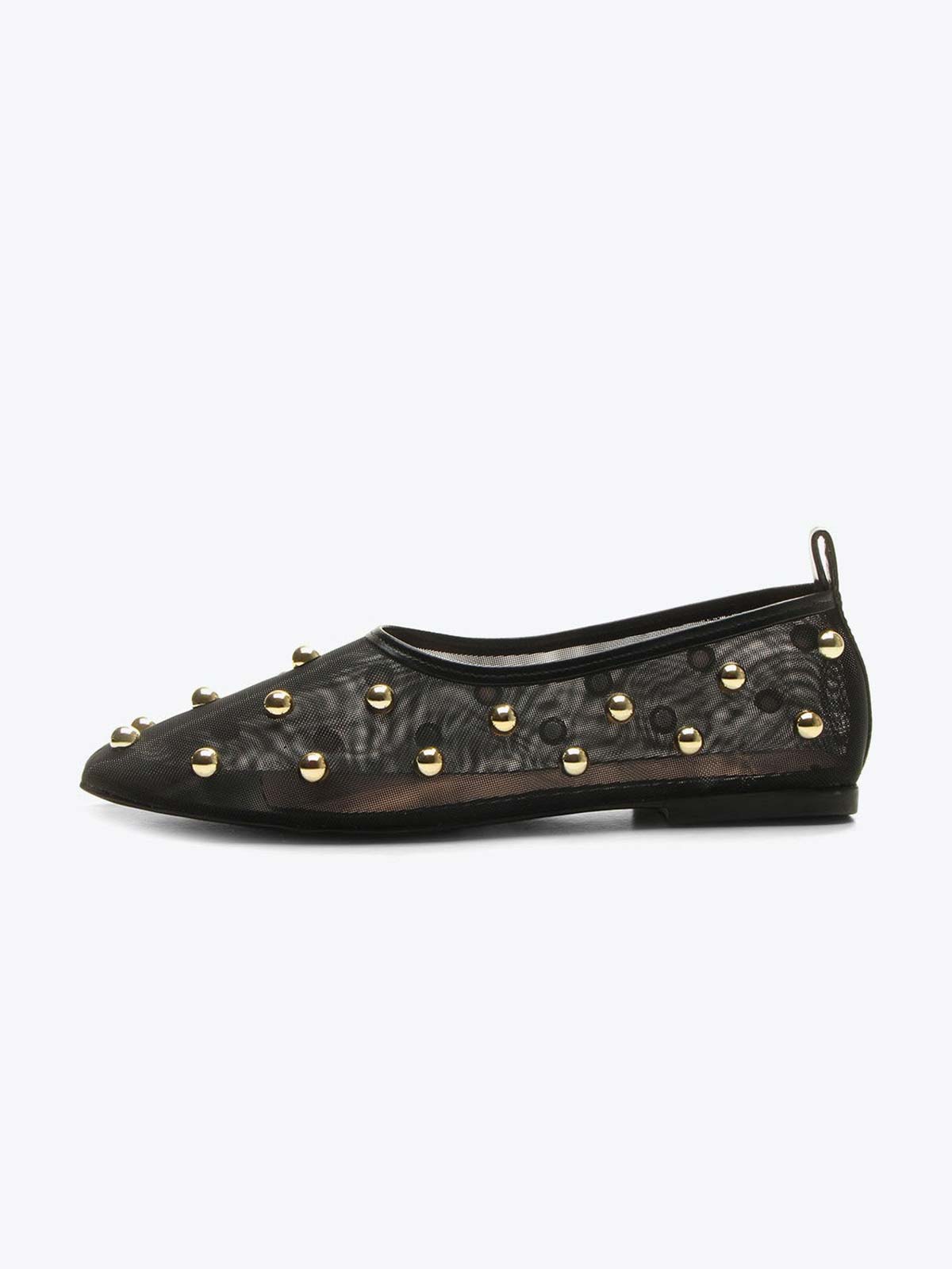 Black Mesh Square-Toe Full Gold Studs Slip-On Ballet Flats