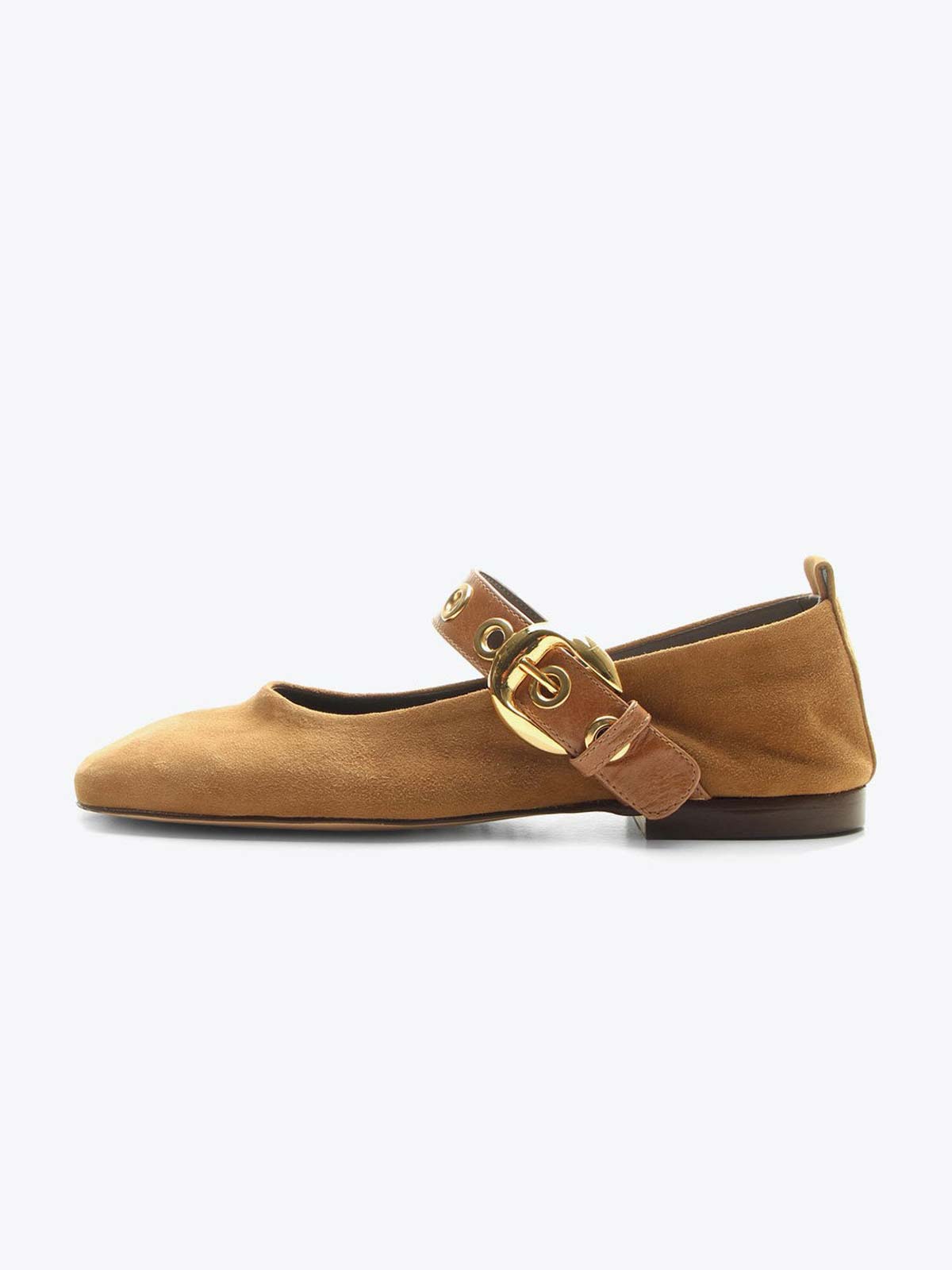 Tan Faux Suede Square-Toe Buckle Wide Mary Jane Strap Ballet Flats