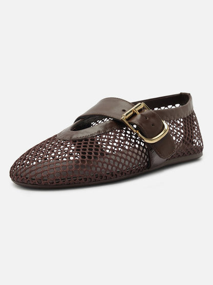 Coffee Mesh Round-Toe Buckle Wide Strap Slip-On Ballet Flats