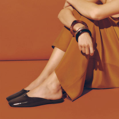 Slip-On Square-Toe Backless Mules Flats - Patent Burgundy