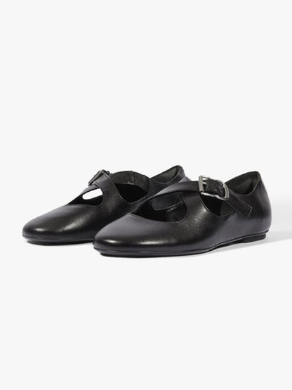 Black Square-Toe Chic Crossed Strap With Buckle Slip-On Flats