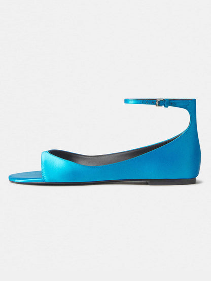 Blue Satin Square-Toe Buckle Ankle Strap Flats Sandals