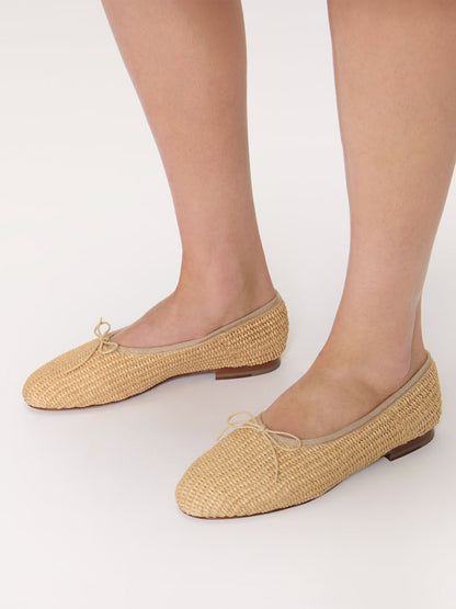 Beige Woven Round-Toe Simple Chic Ballet Flats With Front Bow