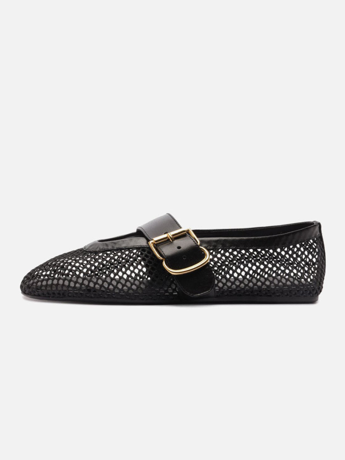 Black Mesh Round-Toe Buckle Wide Strap Slip-On Ballet Flats