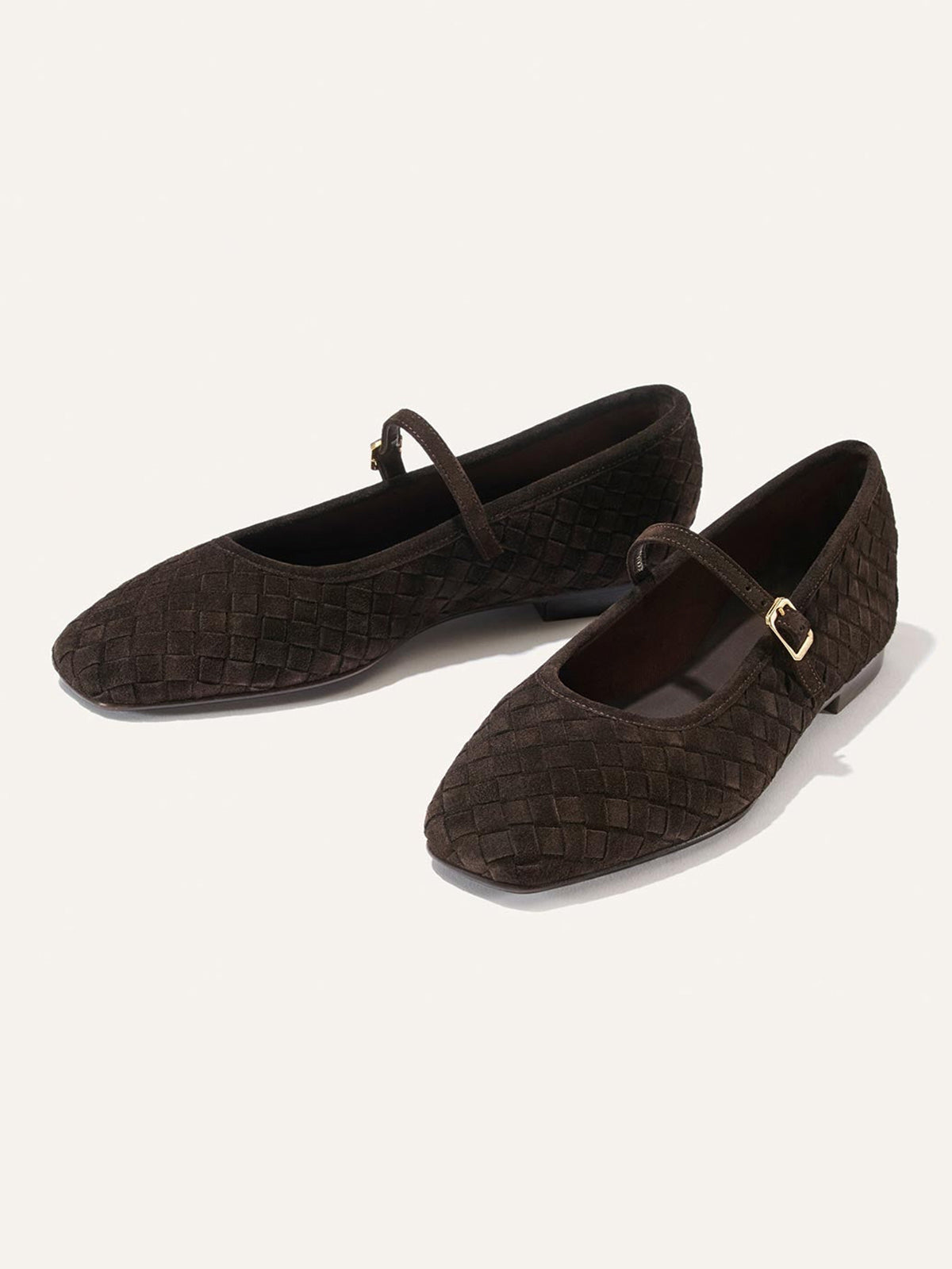 Chocolate Woven Faux Suede Square-Toe Mary Jane Chic Ballet Flats
